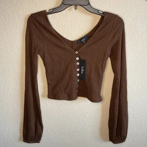 NWT Lulus Womens Button Down Crop Top‎ Size XS- Brown